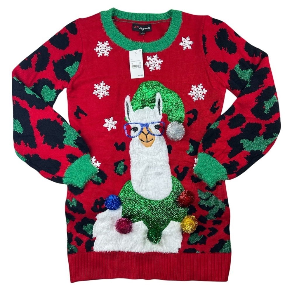 33 Degrees Ugly Christmas Sweater Llama Holiday Party Knit Pullover Size S